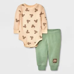 Baby Boys' Disney Mickey Mouse Solid Top And Bottom Set - Green/Tan -Disney GUEST 01d4712c 48df 4adb 8bb3 7345f0922816