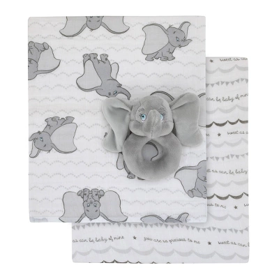 Disney Dumbo 100% Cotton Muslin Swaddles With Plush Rattle - 2pk 1 Disney Dumbo 100% Cotton Muslin Swaddles With Plush Rattle - 2pk