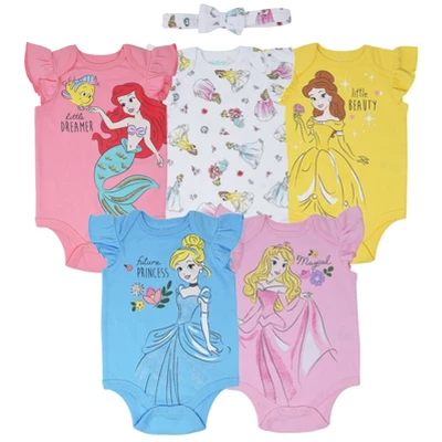 Disney Princess Ariel Belle Cinderella Rapunzel Tiana Snow White Aurora Baby Girls 5 Pack Bodysuits Newborn To Infant 1 Disney Princess Ariel Belle Cinderella Rapunzel Tiana Snow White Aurora Baby Girls 5 Pack Bodysuits Newborn To Infant