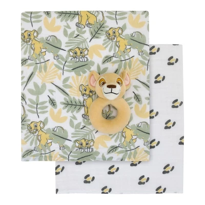 Disney Lion King Simba 100% Cotton Muslin Swaddles With Plush Rattle - 2pk 1 Disney Lion King Simba 100% Cotton Muslin Swaddles With Plush Rattle - 2pk