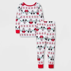 Toddler 4pc Disney Cozy Holiday Minnie And Mickey Fair Isle Pajama Set - White