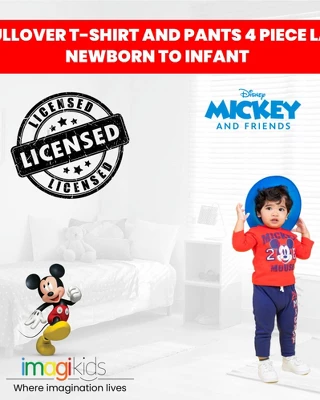 Disney Mickey Mouse Baby Pants Pullover T-Shirt And Bodysuit 4 Piece Layette Set Newborn To Infant 1 Disney Mickey Mouse Baby Pants Pullover T-Shirt And Bodysuit 4 Piece Layette Set Newborn To Infant
