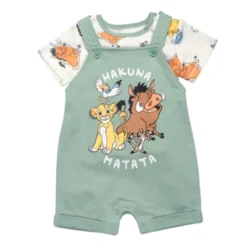 Disney Lion King Simba Timon Pumbaa Baby French Terry Short Overalls T-Shirt And Hat 3 Piece Outfit Set Newborn To Infant