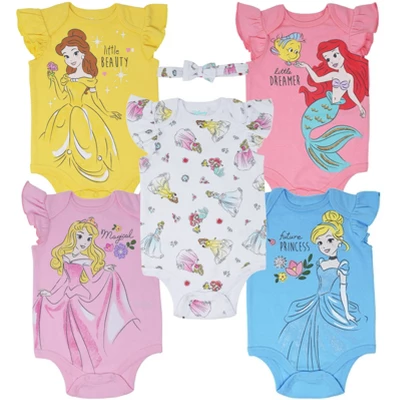 Disney Princess Ariel Belle Cinderella Rapunzel Tiana Snow White Aurora Baby Girls 5 Pack Bodysuits Newborn To Infant 9 Disney Princess Ariel Belle Cinderella Rapunzel Tiana Snow White Aurora Baby Girls 5 Pack Bodysuits Newborn To Infant - Image 9