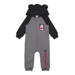 Disney Baby Boy's Mickey Mouse Graphic Printed Long Sleeve Zip Up Jumpsuit Coverall With Hood And 3D Ears For Infant